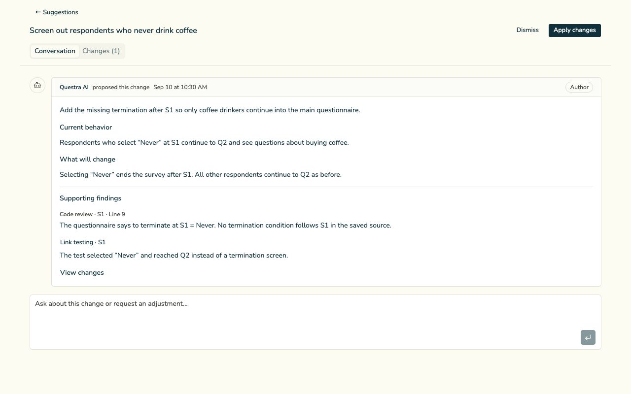 Current Questra AI suggestion explaining a missing screener termination, with current and proposed behavior and supporting code-review and link-test findings.