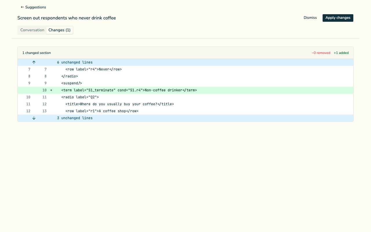 Current Questra suggestion Changes tab showing a proposed Decipher termination condition in a code diff and the Apply changes button.